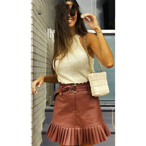 Fame/Ekim 31 Dresses & Skirts - NWT Fame/Ekim 31 Women's Brown Faux Leather Ruffle Skirt with Belt Size M 1837